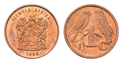 ЮАР 1 цент 1998 герб, капские воробьи KM 170 сталь плакированная медью UNC 4694-225