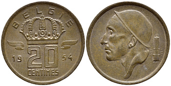 БЕЛЬГИЯ 20 САНТИМОВ 1954 BELGIE KM 147.1 бронза 4383-1152