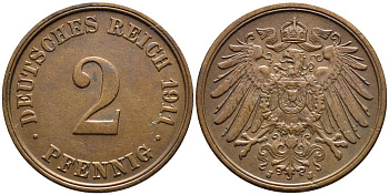 ГЕРМАНИЯ 2 ПФЕННИГА 1911 J KM 16, Jager 11, Weege 4 медь 4546-716