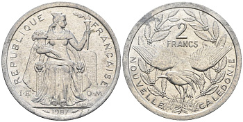 Французская Новая Каледония 2 франка 1987 птица кагу, (IEOM) KM 14, Schoen 11, Lec 64 алюминий    24-327