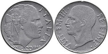 Италия 20 чентезимо 1943 R, Виктор Эммануил III (1900-1946), XXI год KM 75b, VEM3. 1031 нержавеющая сталь 85-432