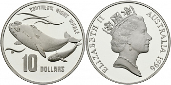 Австралия 10 долларов 1996 природа Австралии, южный гладкий кит, с китенком KM 314 серебро PROOF 1087-1-71