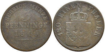 ПРУССИЯ 3 ПФЕННИГА 1846 А, ФРИДРИХ ВИЛЬГЕЛЬМ IV (1840-1861) KM 453 медь 87-615
