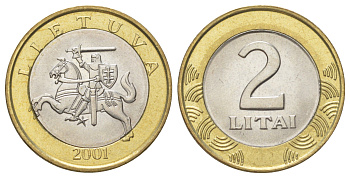 Литва 2 лита 2001 KM 112 биметалл UNC 4624-722