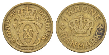 Дания 1 крона 1926 HCN, Кристиан X (1912-1947) KM 824 алюминиевая бронза 4657-344