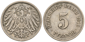 Германия 5 пфеннигов 1913 A, KM 11, J. 12 медно-никель 220-666