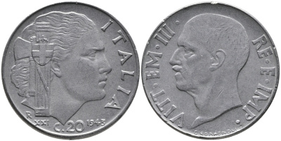 Италия 20 чентезимо 1943 R, Виктор Эммануил III (1900-1946), XXI год KM 75b, VEM3. 1031 нержавеющая сталь 85-432
