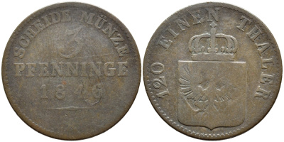 ПРУССИЯ 3 ПФЕННИГА 1846 А, ФРИДРИХ ВИЛЬГЕЛЬМ IV (1840-1861) KM 453 медь 87-615