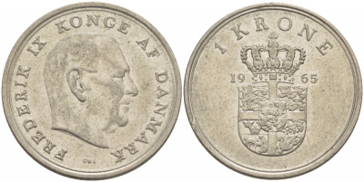 ДАНИЯ 1 КРОНА 1965 C; S, ФРЕДЕРИК IX (1947-1972) КМ 851.1 медно-никель 213-1216