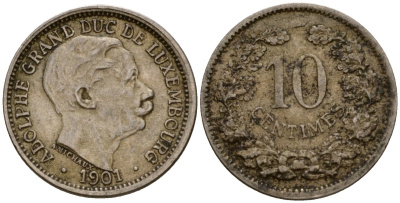 Люксембург 10 сантимов 1901 Адольф (1890-1905) KM 25 медно-никель 4602-422