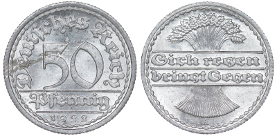 Германия 50 пфеннигов 1922 A KM 27, J. 301 алюминий aUNC 4114-945