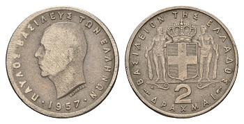Греция 2 драхмы 1957 Павел I (1947-1964) KM 82 медно-никель 4121-342