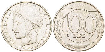 ИТАЛИЯ 100 ЛИР 1996 R, ДЕЛЬФИН KM 159 медно-никель 119-147