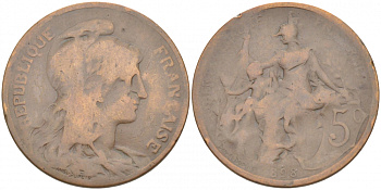 ФРАНЦИЯ 5 САНТИМОВ 1898 ТИП ДАНИЭЛЬ ДЮПЮИ KM 842, LE FRANC 119.5 бронза 77-234