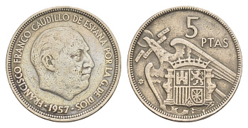 Испания 5 песет 1957 (60) Франциско Франко (1939-1975) KM 786 медно-никель 4650-133