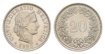 Швейцария 20 раппенов 1998 KM 29a медно-никель aUNC 4647-1016