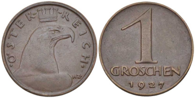 АВСТРИЯ 1 ГРОШ 1927 ДОВОЕННАЯ ДЕСЯТИЧНАЯ ЧЕКАНКА KM 2836 бронза 201-154