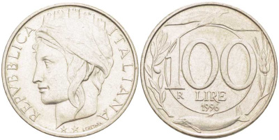 ИТАЛИЯ 100 ЛИР 1996 R, ДЕЛЬФИН KM 159 медно-никель 119-147