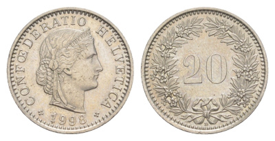 Швейцария 20 раппенов 1998 KM 29a медно-никель aUNC 4647-1016