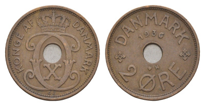 Дания 2 эре 1936 N, Кристиан X (1912-1947) KM 827 бронза 4658-242