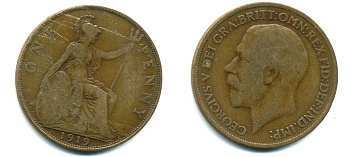 Великобритания 1 пенни 1919 Георг V (1910-1936) KM 810, Spink 4051 бронза 41-311