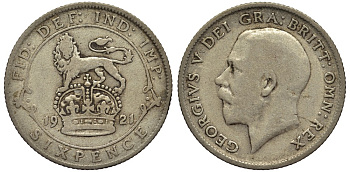 Великобритания 6 пенсов 1921 Георг V (1910-1936) KM 815а.1, Spink 4024 серебро 4539-115