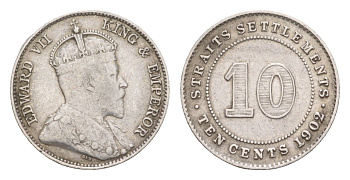 Стрейтс-Сетлментс (Стрейтс Сетлментс) 10 центов 1902 Эдуард VII (1901-1910) KM 21 серебро 1518-224