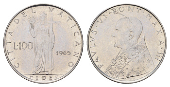 Ватикан 100 лир 1965 KM 82 нержавеющая сталь UNC 4678-1131