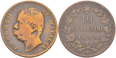 ИТАЛИЯ 10 ЧЕНТЕЗИМО 1893 BЛ, МОНДВОР БИРМИНГЕМ, УМБЕРТО I (1878-1900) KM 27.1 медь 4526-945