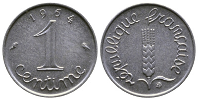 ФРАНЦИЯ 1 САНТИМ 1964 KM 928 хромированная сталь 4110-1736