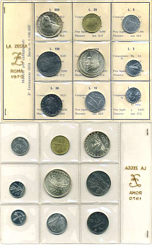 Италия набор из 9 монет, включая 500 и 1000 лир 1970 в запайке, с сертификатом, в конверте KM MS3 (KM 91-94, 95.1, 96.1, 97.2, 98, 101) UNC 00-00