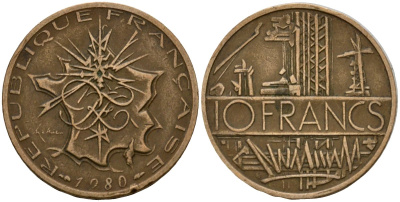 Франция 10 франков 1980 тип Матье KM 940, Le Franc 365.15-16 никель латунь 4601-416