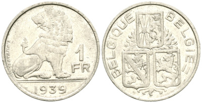 Бельгия 1 франк 1939 BELGIQUE - BELGIE KM 119 никель 4177-1031
