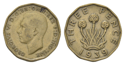 Великобритания 3 пенса 1939 Георг VI (1936-1952) KM 849, Spink 4112 никель латунь    4660-654