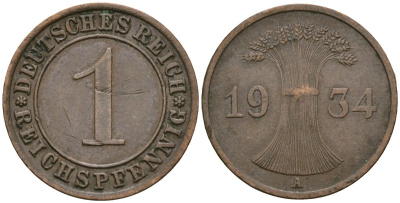 Германия 1 рейхспфенниг 1934 A KM 37, J. 313 бронза 4189-1235