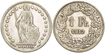 ШВЕЙЦАРИЯ 1 ФРАНК 1912 В KM 24 серебро 4544-354