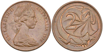 Австралия 2 цента 1976 Елизавета II (1952-2022), плащеносная ящерица (FRILLED LIZARD)  KM 63 бронза 4385-1052