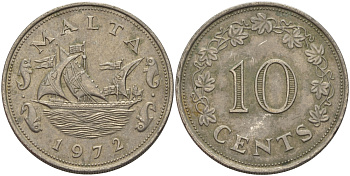 Мальта 10 центов 1972 баржа Великого магистра KM 11 медно-никель 82-516