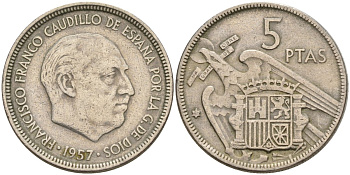 Испания 5 песет 1957 (64) Франсиско Франко (1939 - 1975) KM 786 медно-никель 4155-541