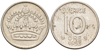 Швеция 10 эре 1953 TS, Густав VI Адольф (1950-1973) KM 823 серебро 4585-336