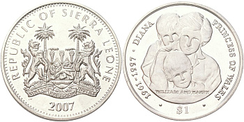 Сьерра-Леоне 1 доллар 2007 10 лет со дня смерти Принцессы Дианы KM 338 медно-никель BU 4368-1215