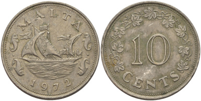 Мальта 10 центов 1972 баржа Великого магистра KM 11 медно-никель 82-516