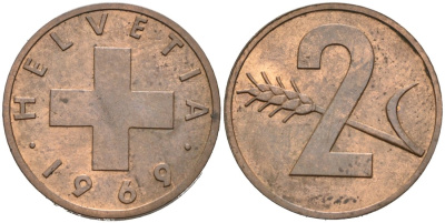 Швейцария 2 раппена 1969 KM 47 бронза 4567-139