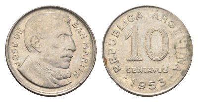 Аргентина 10 сентаво 1953 генерал Хосе де Сан Мартин KM 47a сталь плакированная никелем 4664-551