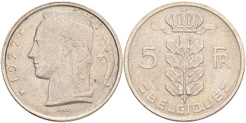 БЕЛЬГИЯ 5 ФРАНКОВ 1977 BELGIQUE KM 134.1 медно-никель 4556-555