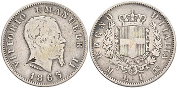 Италия 1 лира 1863 M-BN, Виктор Эммануил II KM 5a.1 серебро 4556-1113