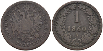 АВСТРИЯ 1 КРЕЙЦЕР 1860 А KM 2186 медь 100-133