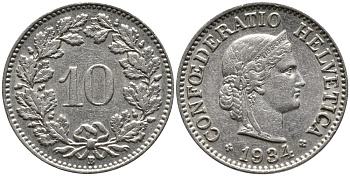 Швейцария 10 раппенов 1934 B KM 27b никель     4539-434