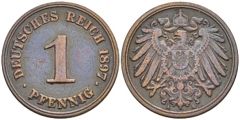 Германия 1 пфенниг 1897 A KM 10, J. 10, Weege 2 медь 4528-1144