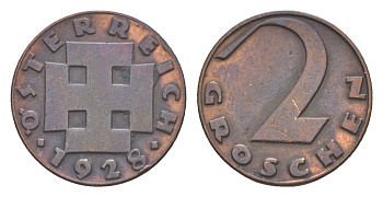 Австрия 2 гроша 1928 KM 2837 бронза 4564-253